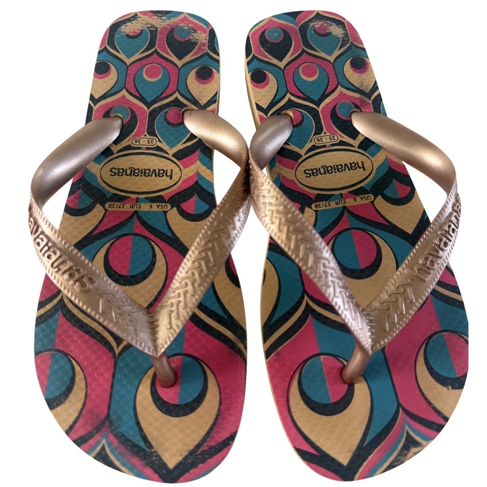 Havaianas Womens Flip Flops Size 6 Gold Strap Multicolor Geometric Sandals
